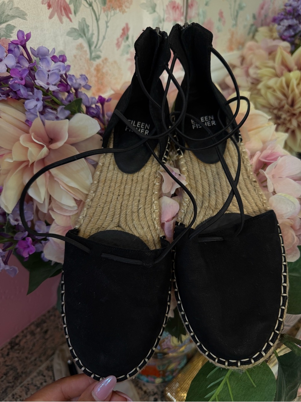 Eileen Fisher Black Lace-Up Espadrille Flats with Braided Rope Sole